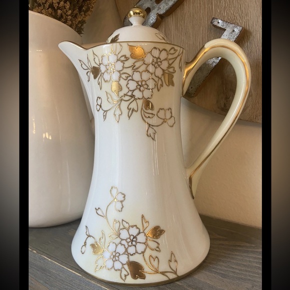 Vtg Hand Painted Nippon Chocolate Pot White Floral 22kt Gold Trim Victorian